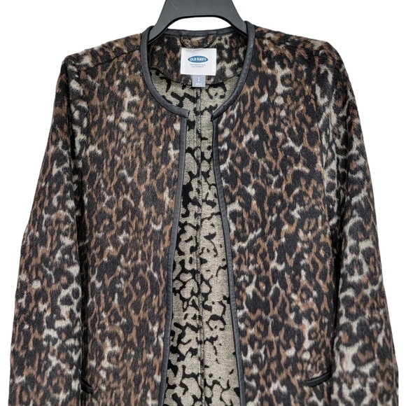 Old Navy Faux Fur Animal Print Faux Leather Trim Open Coatigan Size Small Womens - Picture 2 of 10